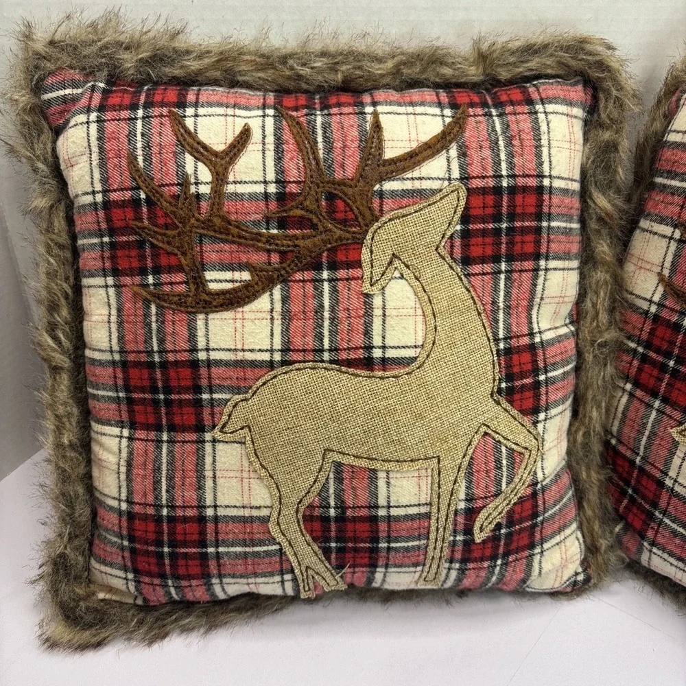Pair Of Red Plaid Flannel Christmas Accent Pillow Faux Reindeer & Faux Fur‎  13
